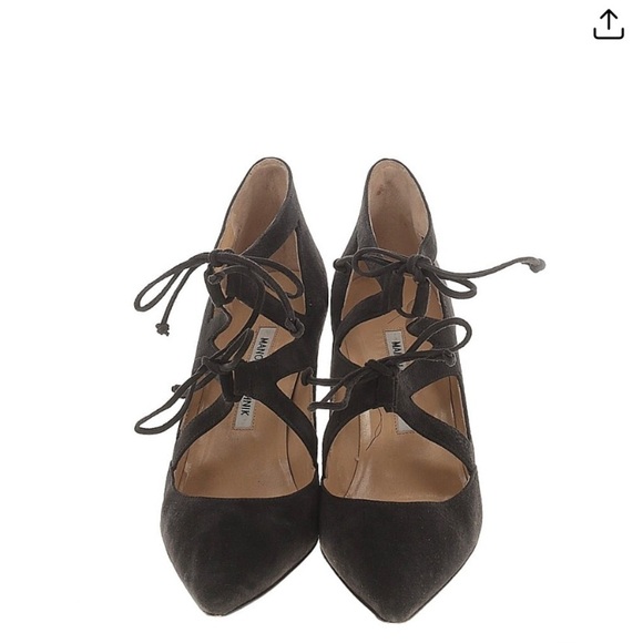 MANOLO BLAHNIK ASAKI BROWN SUEDE DOUBLE TIE point toe PUMPS 38.5 office formal - Picture 2 of 7